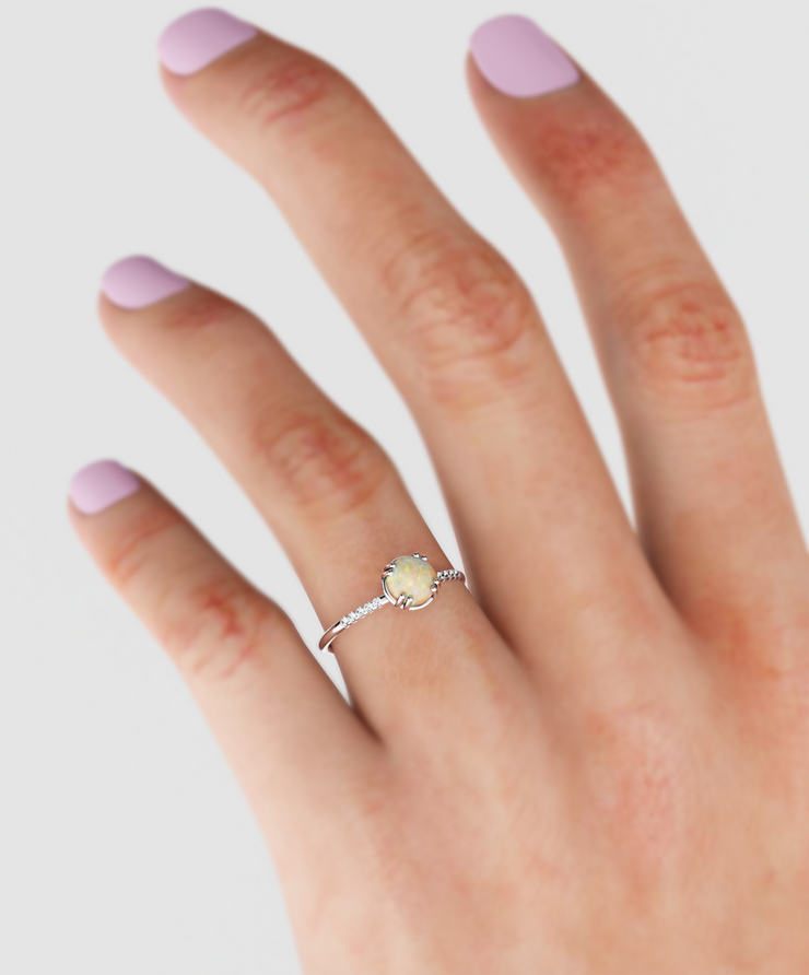 14K Opal Stone And Small Diamond Engagement Ring